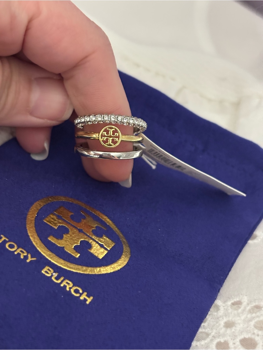 Size 8 Tory Burch Mixed Metal & Crystal Stackable Logo Ring Set - Gold, Silver